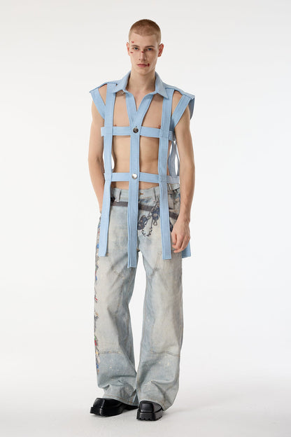 Dark Mesh Sleeveless Cutout Shirts Light Blue