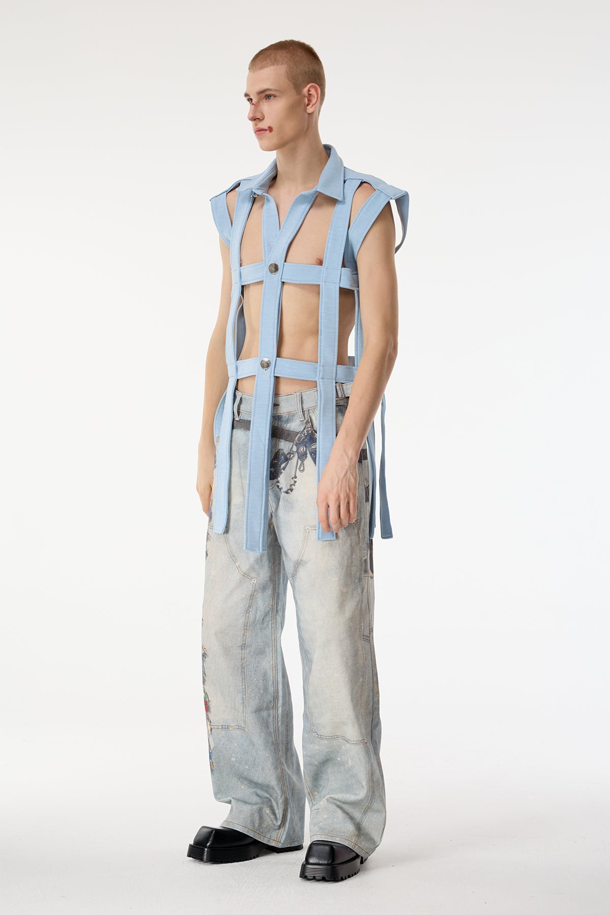 Dark Mesh Sleeveless Cutout Shirts Light Blue
