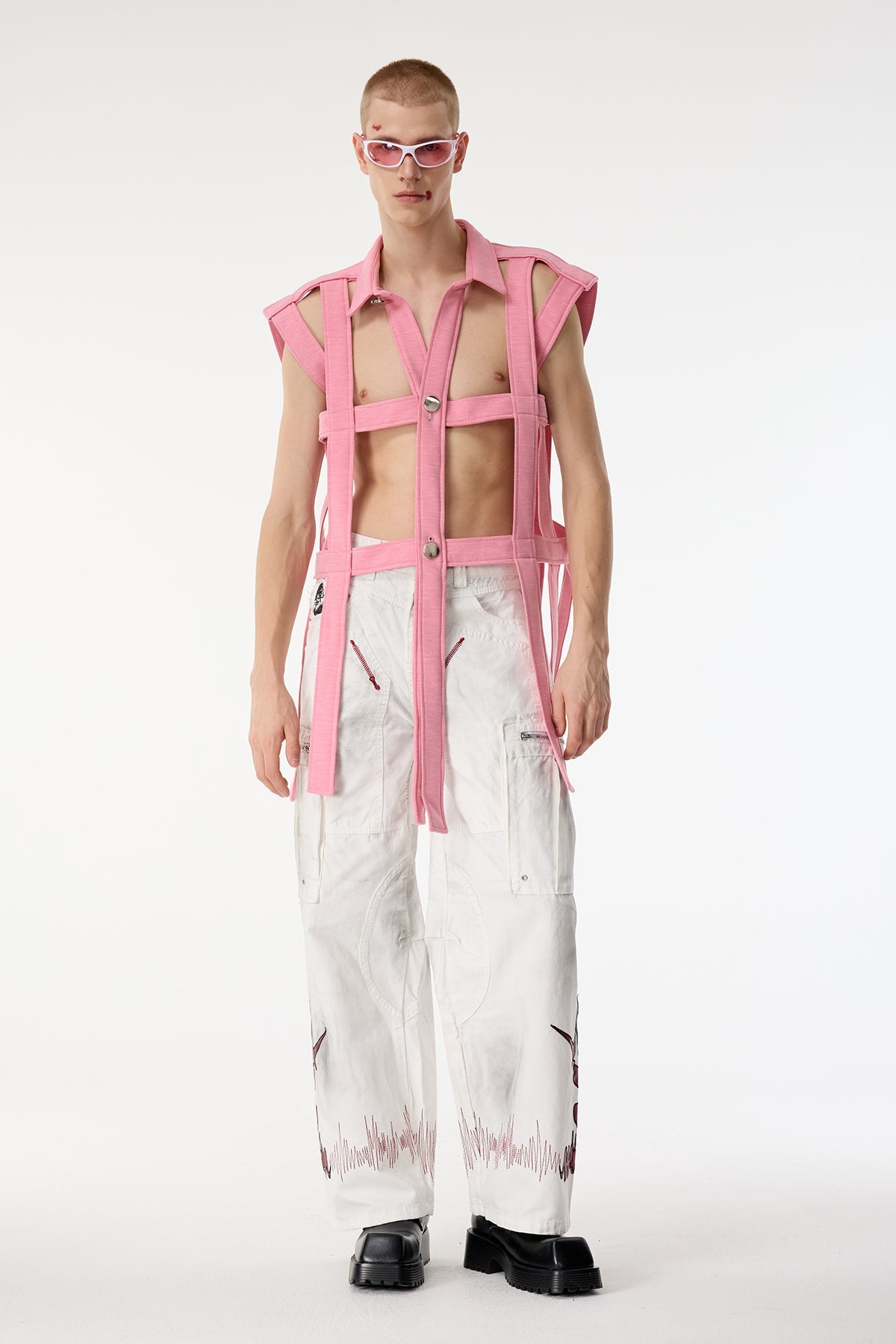 Dark Mesh Sleeveless Cutout Shirts Pink