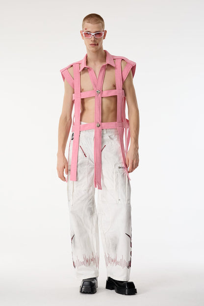 Dark Mesh Sleeveless Cutout Shirts Pink