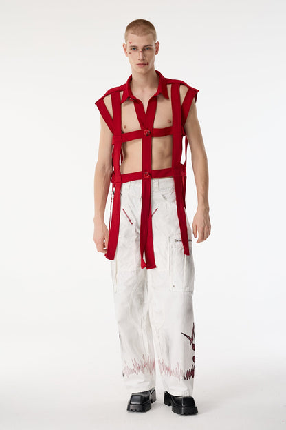 Dark Mesh Sleeveless Cutout Shirts Red