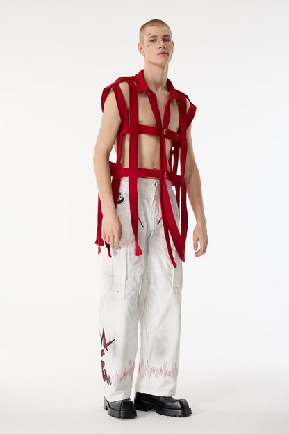 Dark Mesh Sleeveless Cutout Shirts Red