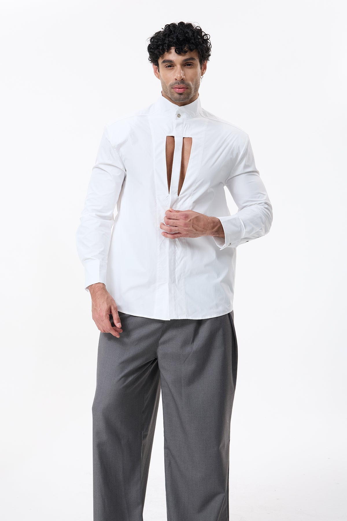 Dark Thread Cutout Long Sleeve Shirt White