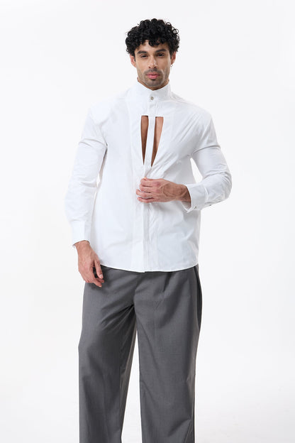 Dark Thread Cutout Long Sleeve Shirt White