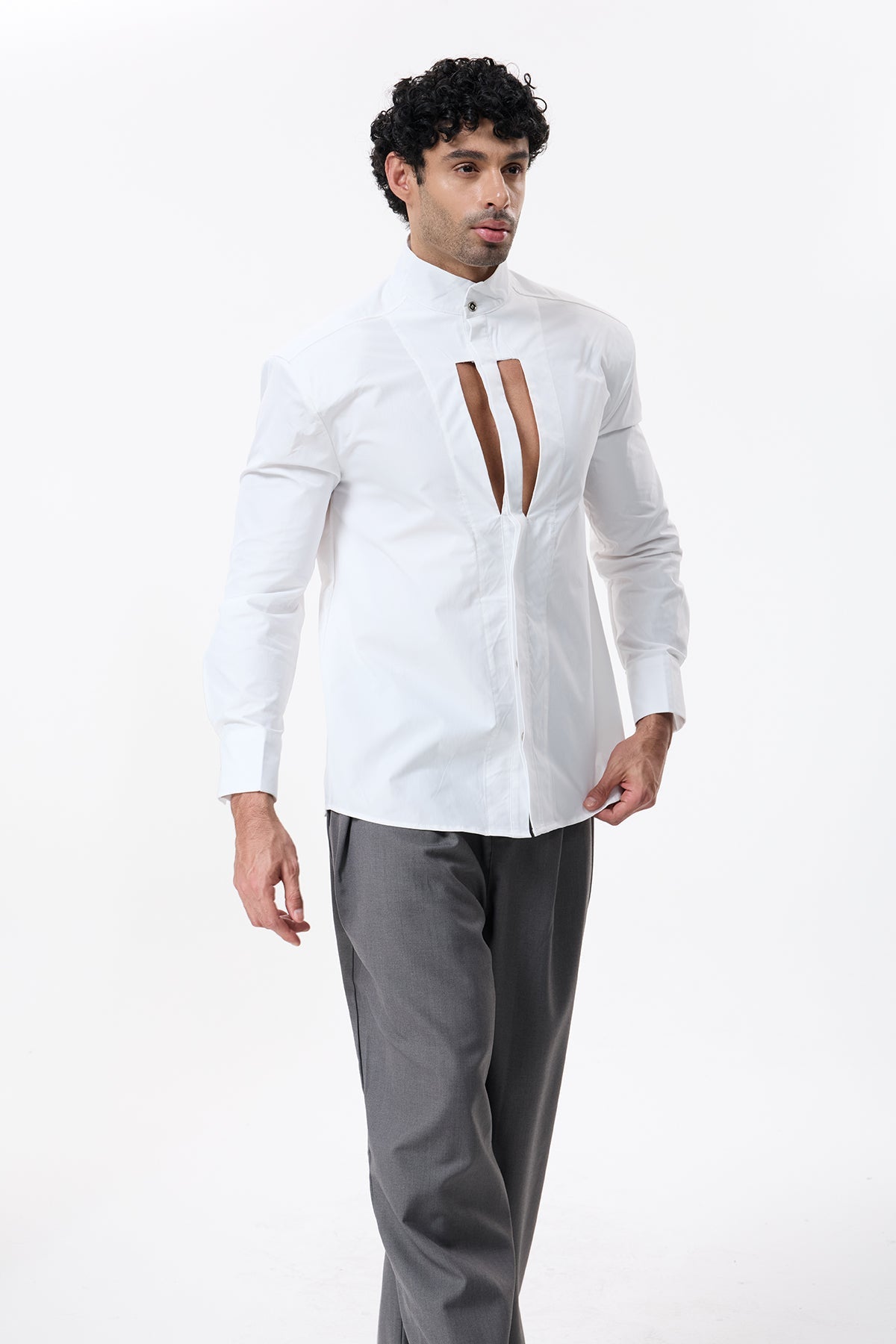 Dark Thread Cutout Long Sleeve Shirt White