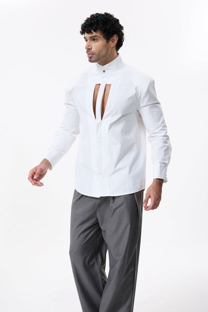 Dark Thread Cutout Long Sleeve Shirt White