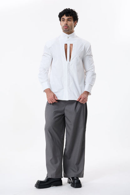 Dark Thread Cutout Long Sleeve Shirt White