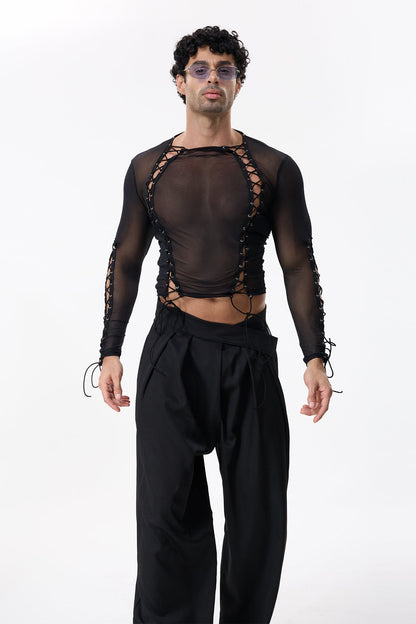 Dark Weave Mesh Long Sleeve Lace Up Top