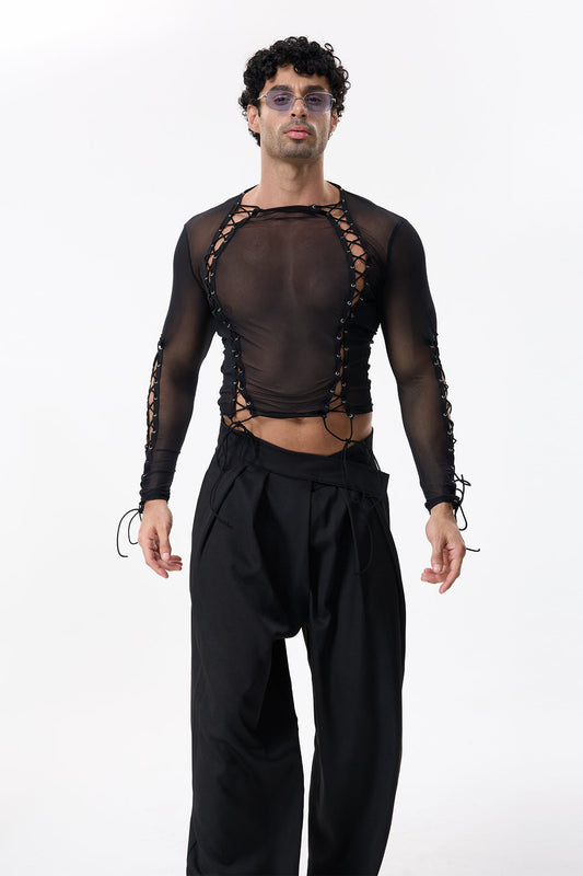 Dark Weave Mesh Long Sleeve Lace Up Top