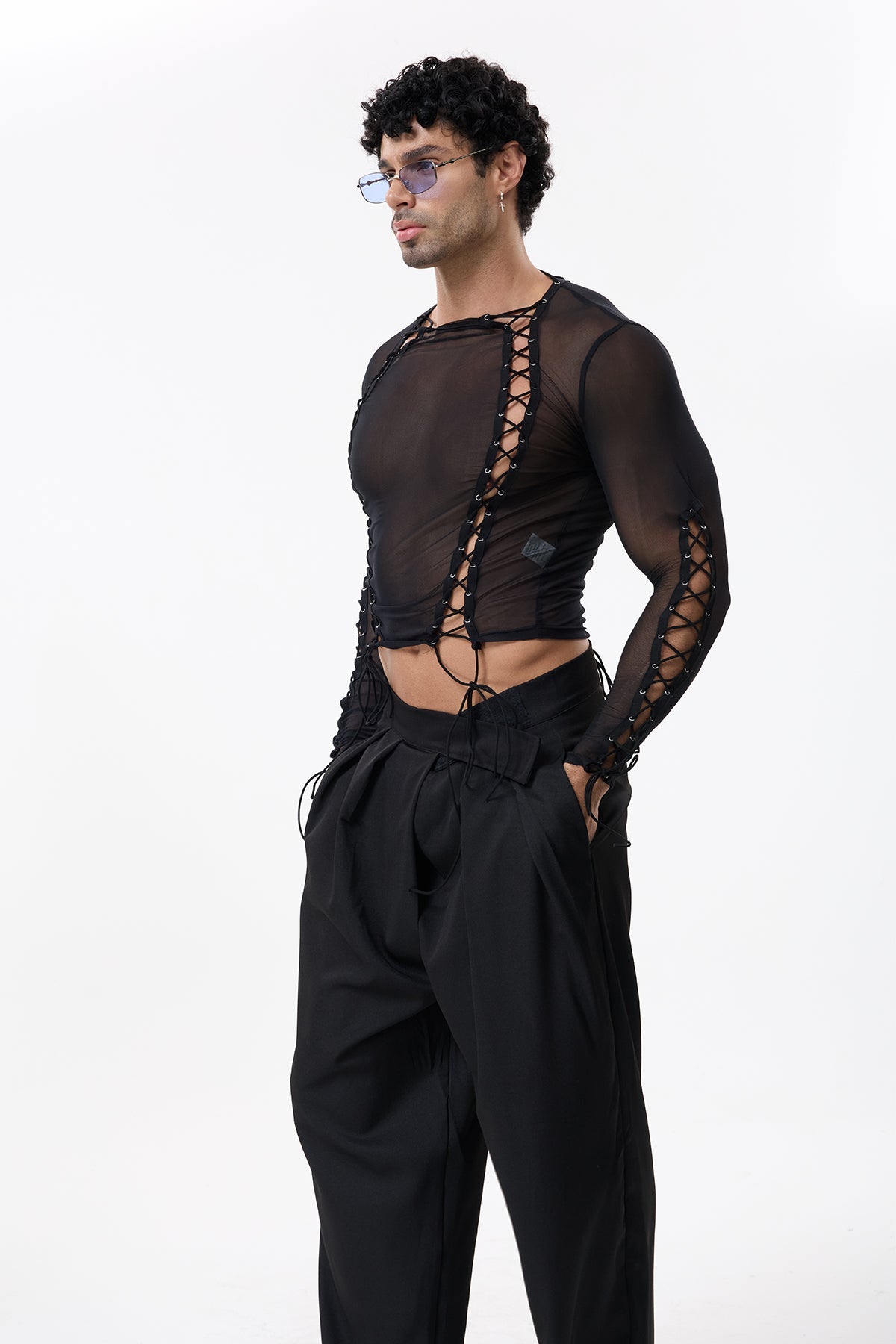 Dark Weave Mesh Long Sleeve Lace Up Top