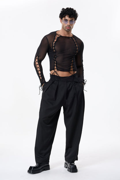 Dark Weave Mesh Long Sleeve Lace Up Top