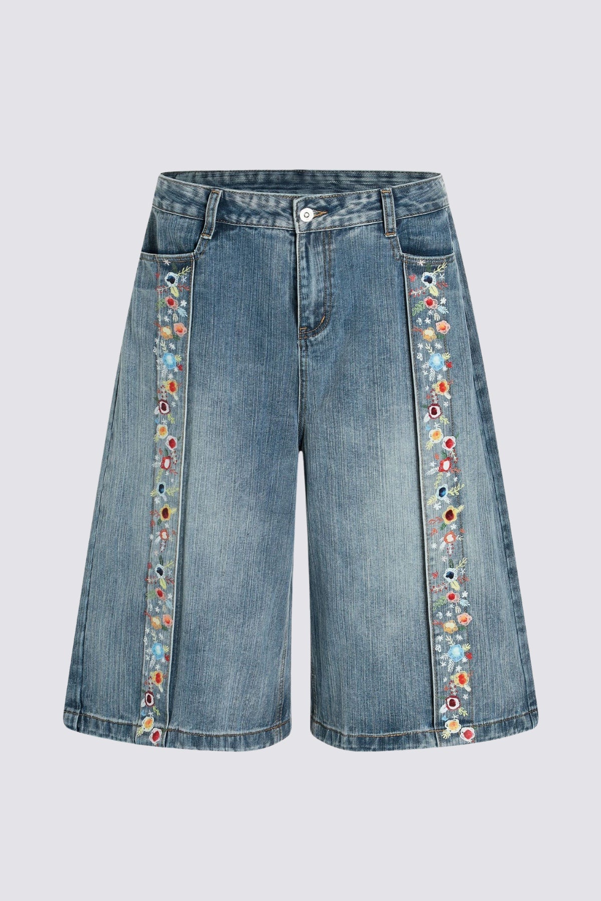 Digital Weave Print Denim Wide Leg Shorts