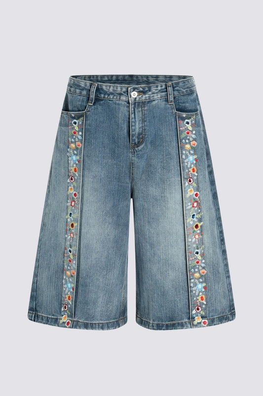 Digital Weave Print Denim Wide Leg Shorts