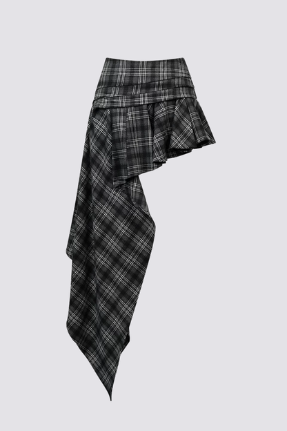 Distant Mood Asymmetric Print Plaid Midi Skirt