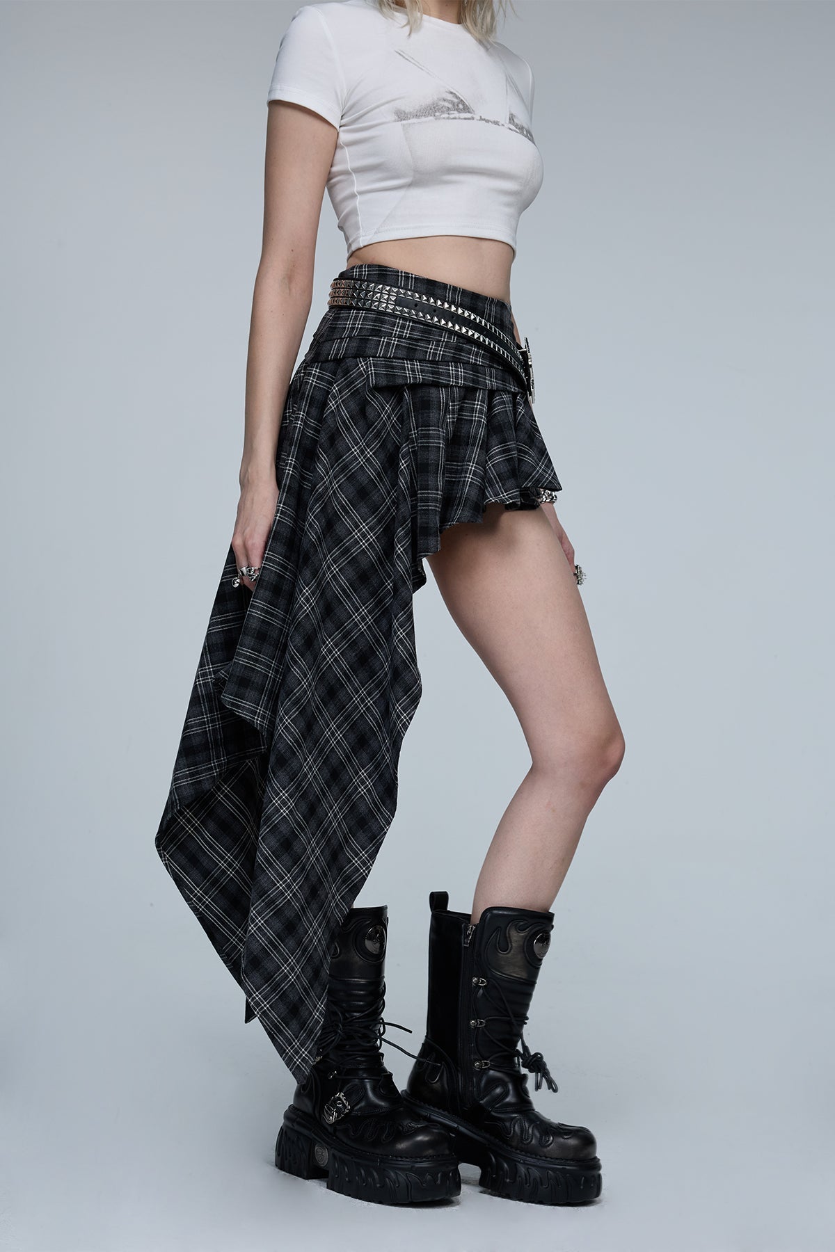 Distant Mood Asymmetric Print Plaid Midi Skirt