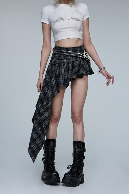 Distant Mood Asymmetric Print Plaid Midi Skirt
