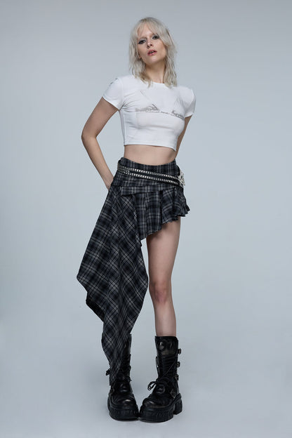 Distant Mood Asymmetric Print Plaid Midi Skirt