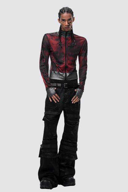 Double Skin Mesh Long Sleeve Top Red