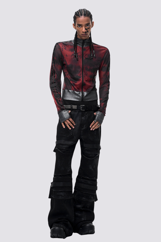 Double Skin Mesh Long Sleeve Top Red