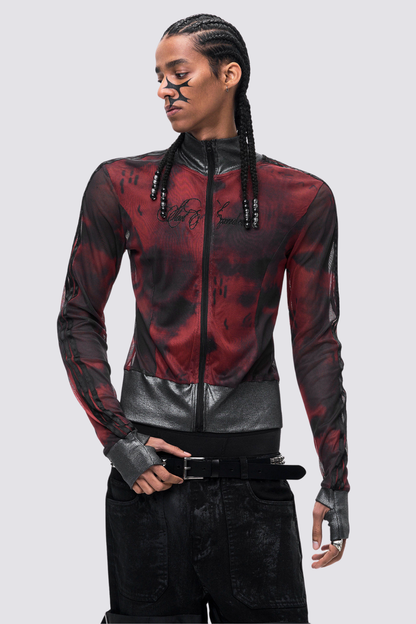 Double Skin Mesh Long Sleeve Top Red