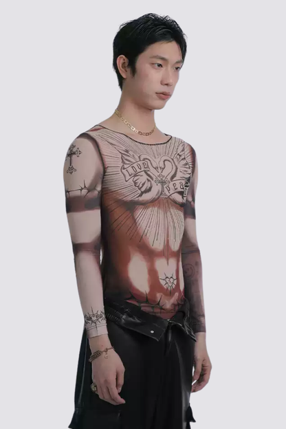 Dry Pattern Long Sleeve Print Mesh Top