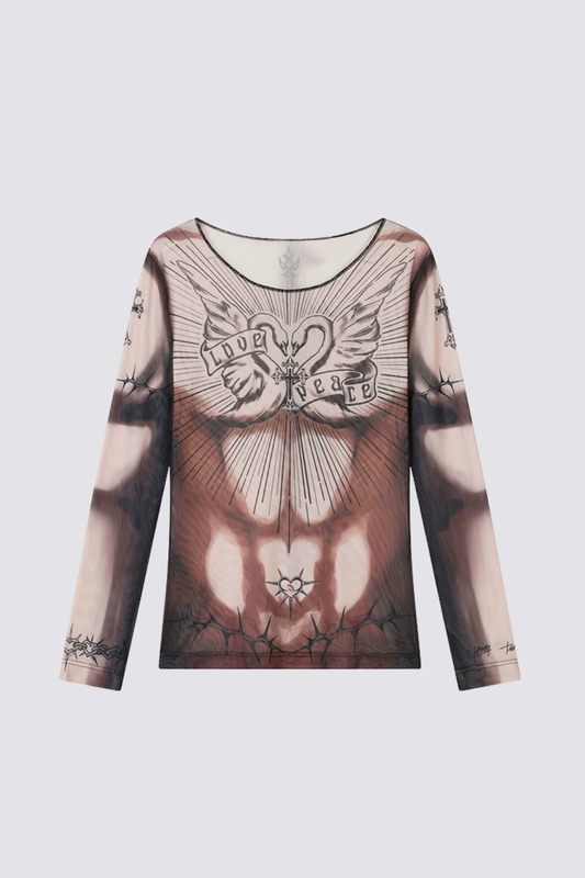 Dry Pattern Long Sleeve Print Mesh Top