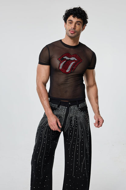 Dual Presence Mesh Rhinestone T-Shirt