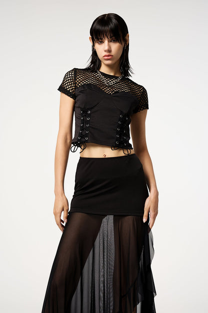 Dual Skin Punk Fishnet Cross Strap Top
