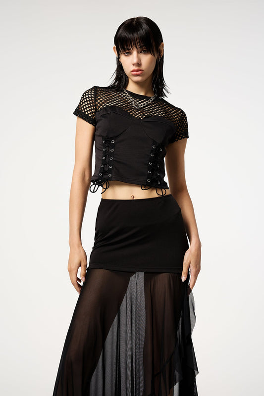 Dual Skin Punk Fishnet Cross Strap Top