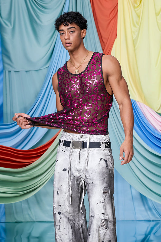 Dual Tension Mesh Heart Sequin Tank Top Pink