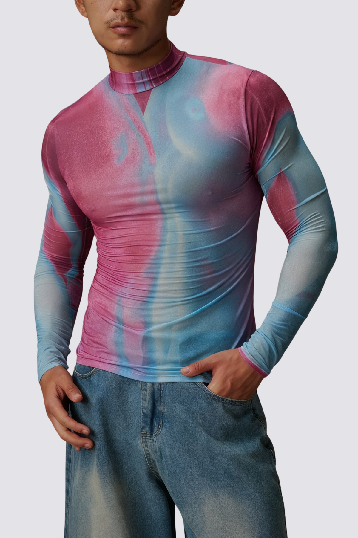 Dual Texture Long Sleeve Mesh Top Multi