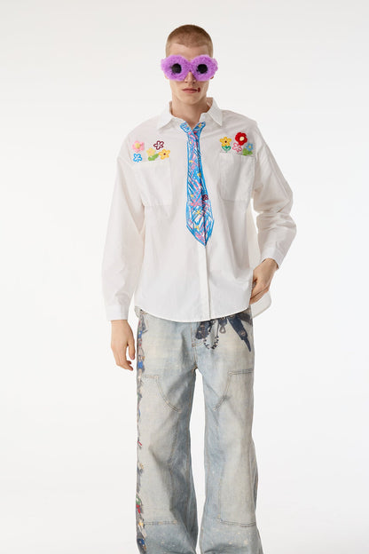 Dust Hue Embroidery Floral Print Long Sleeve Shirts