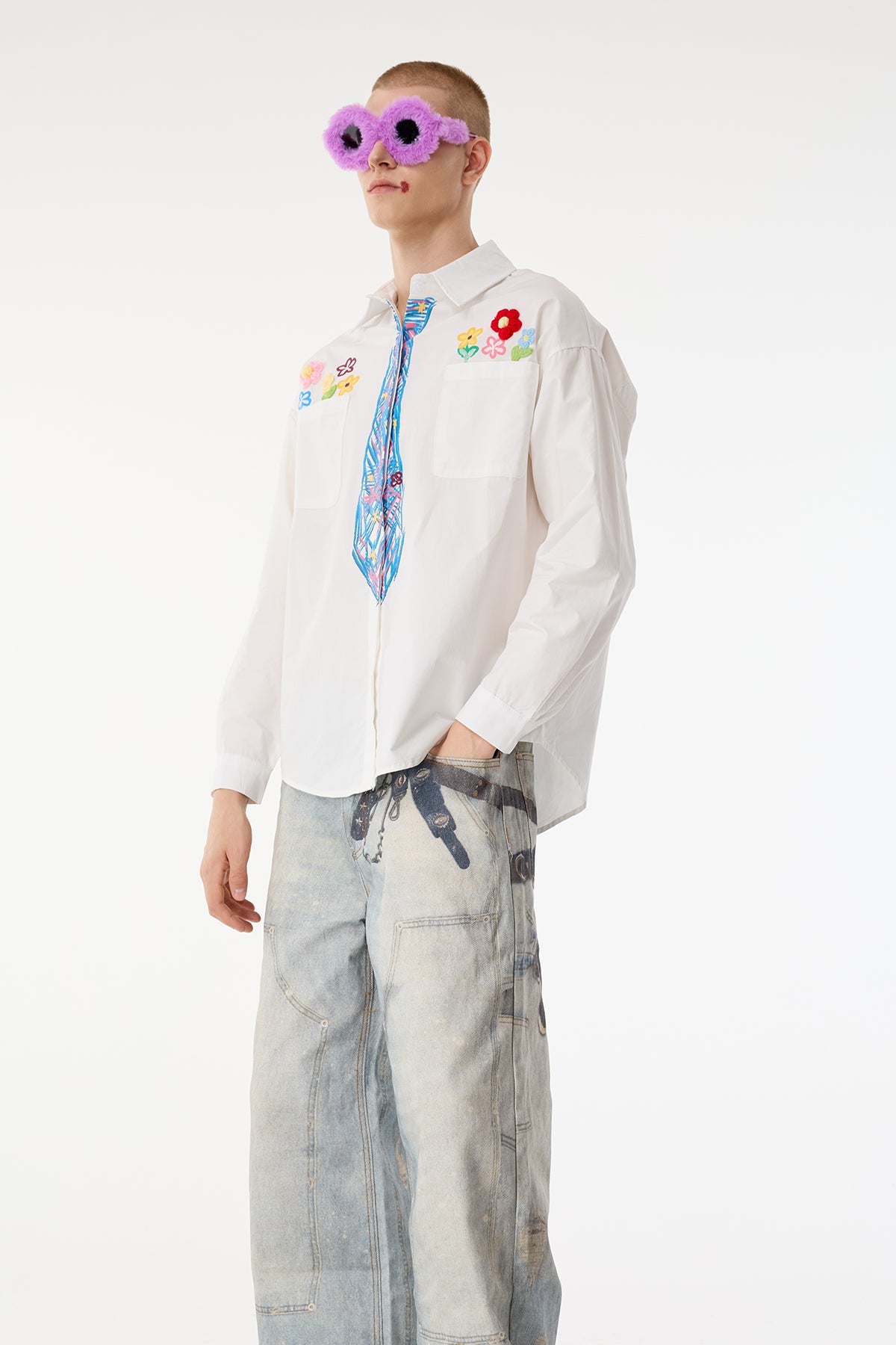 Dust Hue Embroidery Floral Print Long Sleeve Shirts