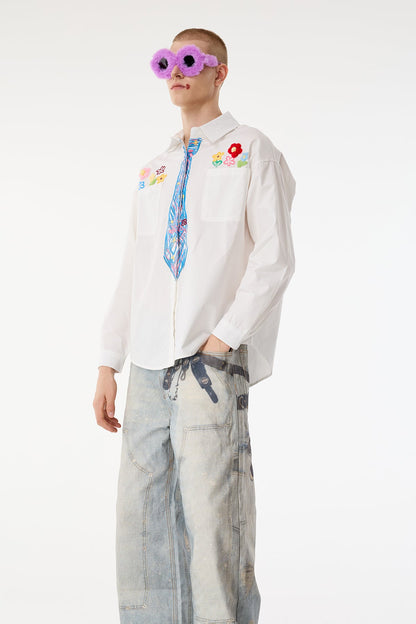 Dust Hue Embroidery Floral Print Long Sleeve Shirts