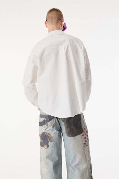 Dust Hue Embroidery Floral Print Long Sleeve Shirts