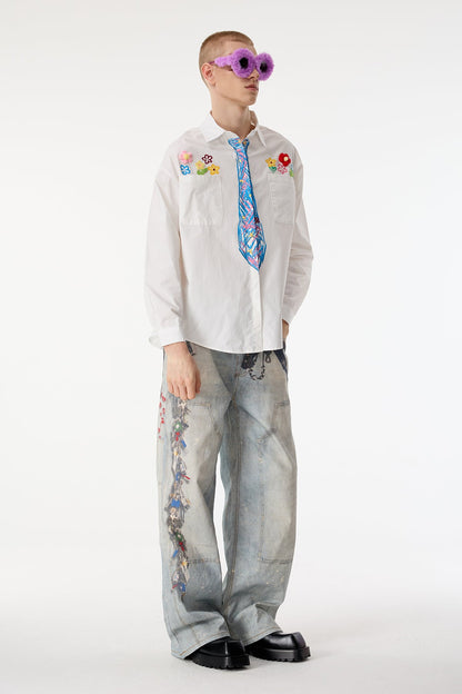 Dust Hue Embroidery Floral Print Long Sleeve Shirts