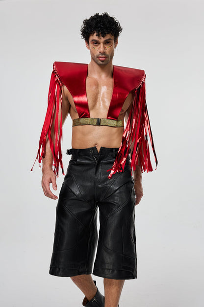 Elevated Hem Fringe Armor Top Red
