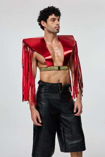 Elevated Hem Fringe Armor Top Red