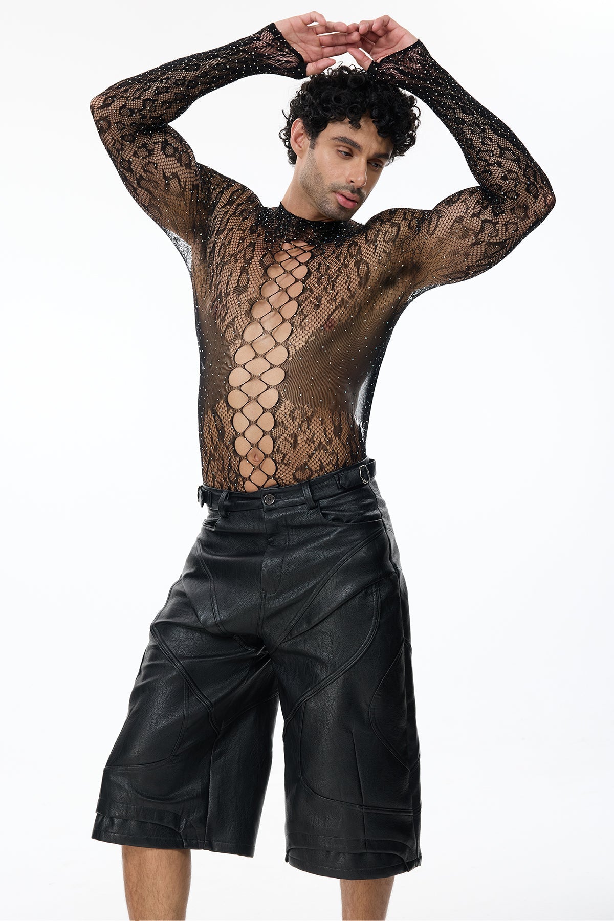 Exact Outline Rhinestone Mesh Cutout Bodysuit Black
