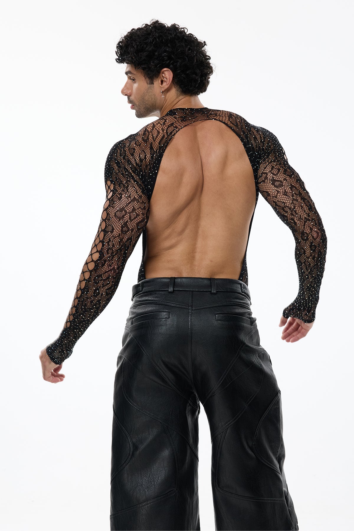 Exact Outline Rhinestone Mesh Cutout Bodysuit Black