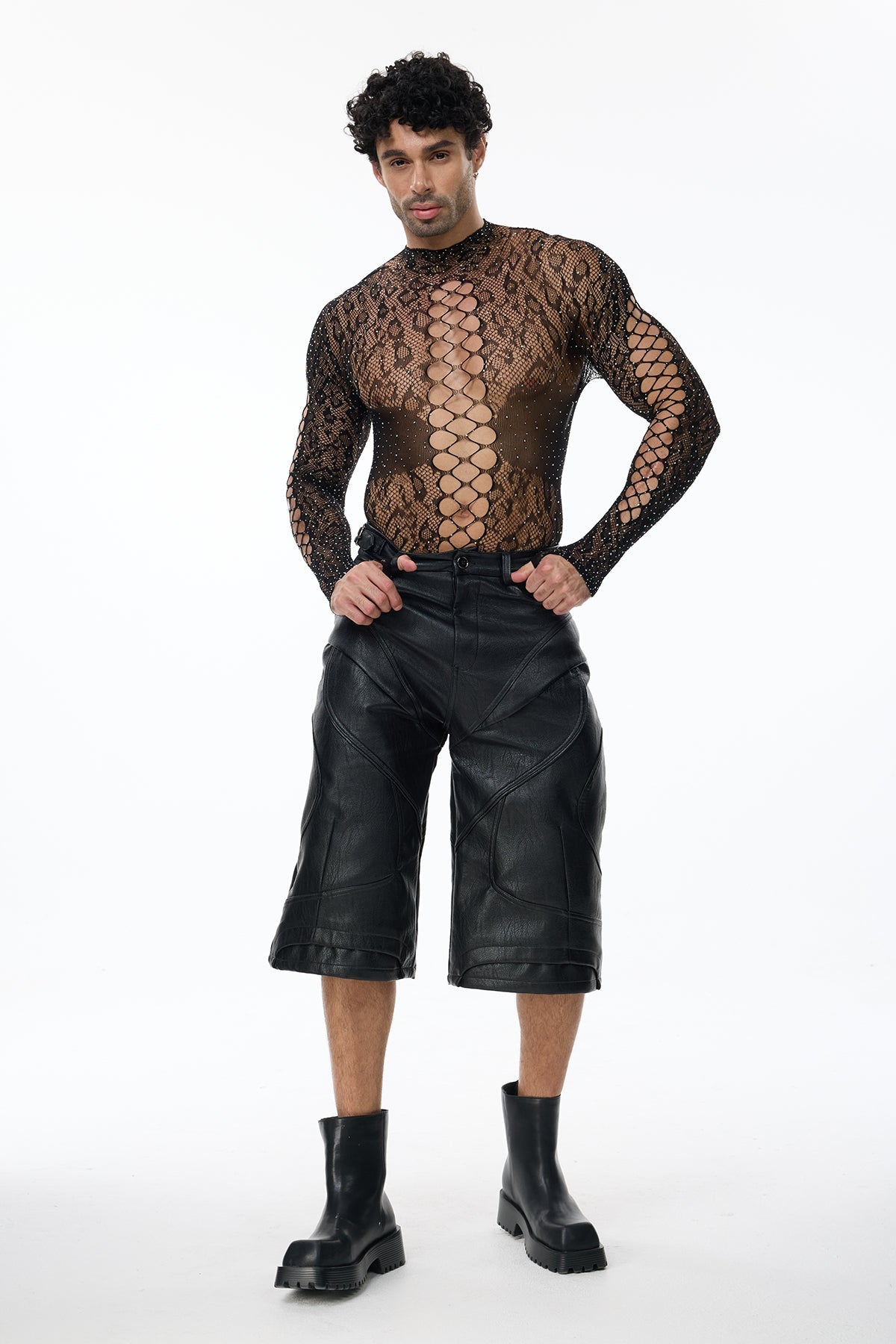 Exact Outline Rhinestone Mesh Cutout Bodysuit Black