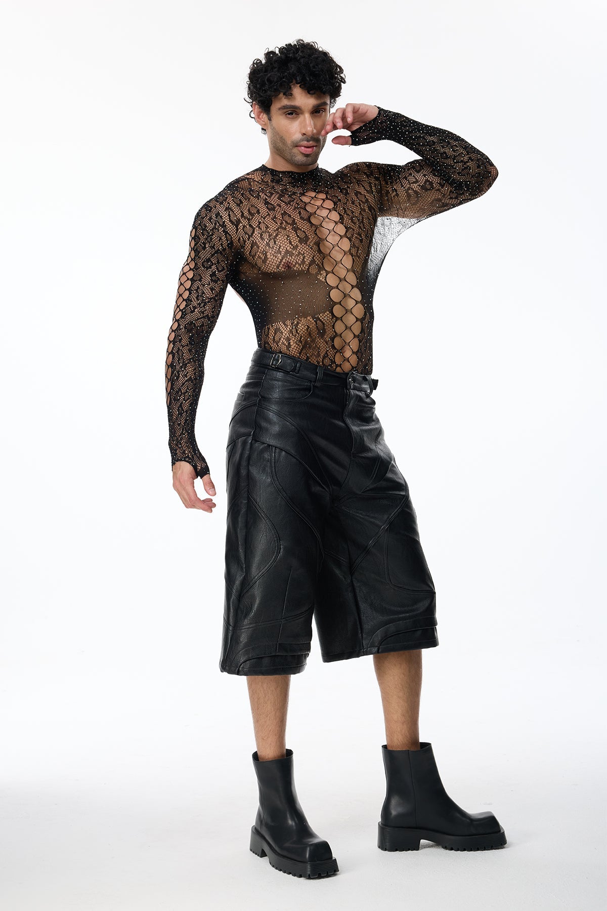 Exact Outline Rhinestone Mesh Cutout Bodysuit Black