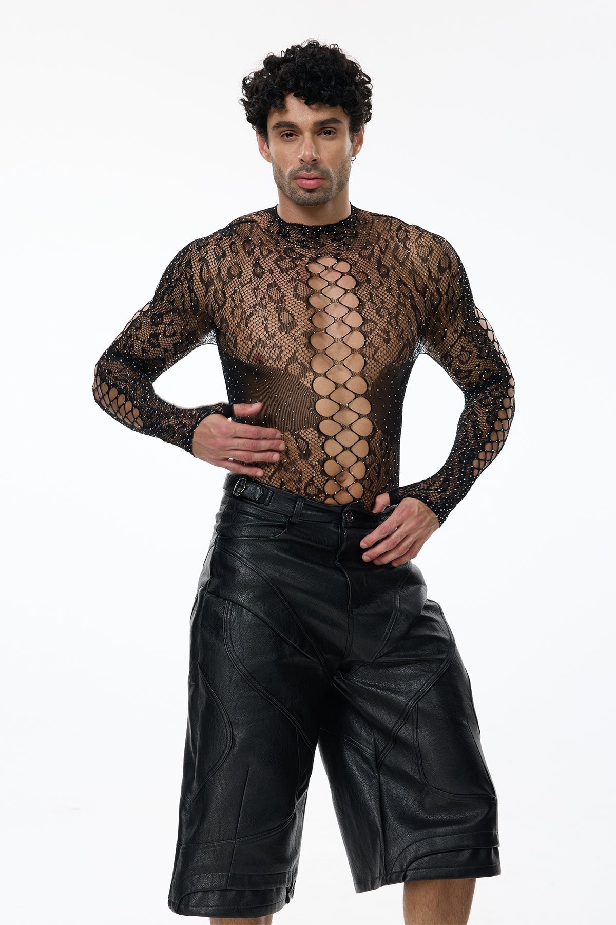 Exact Outline Rhinestone Mesh Cutout Bodysuit Black