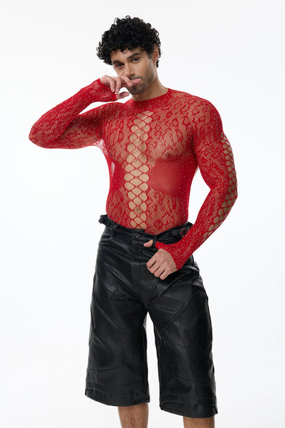 Exact Outline Rhinestone Mesh Cutout Bodysuit Red
