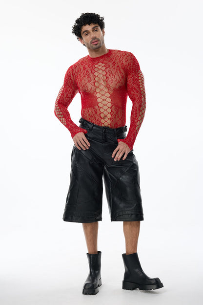 Exact Outline Rhinestone Mesh Cutout Bodysuit Red