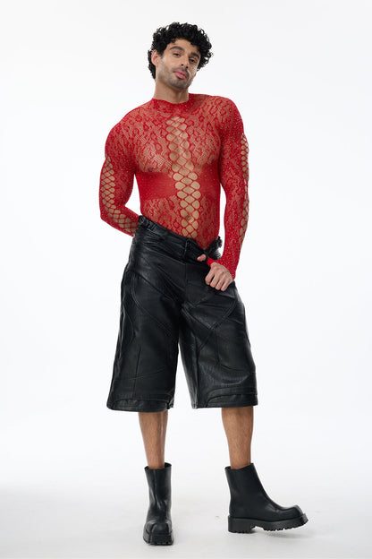 Exact Outline Rhinestone Mesh Cutout Bodysuit Red