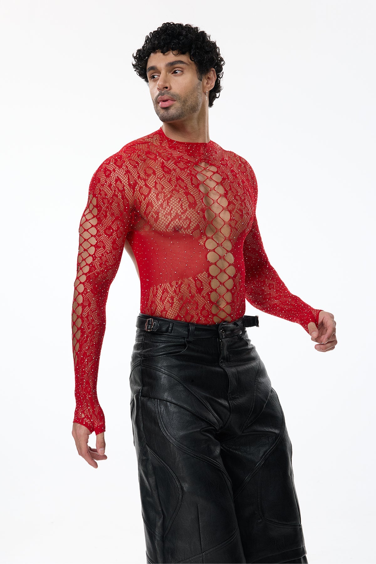 Exact Outline Rhinestone Mesh Cutout Bodysuit Red
