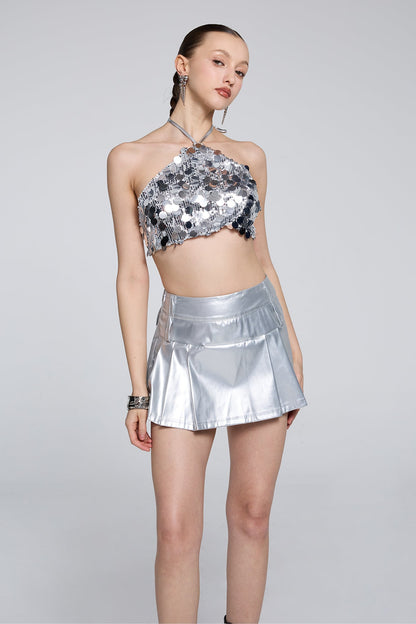 Facet Control Sequin Halter Neck Crop Top