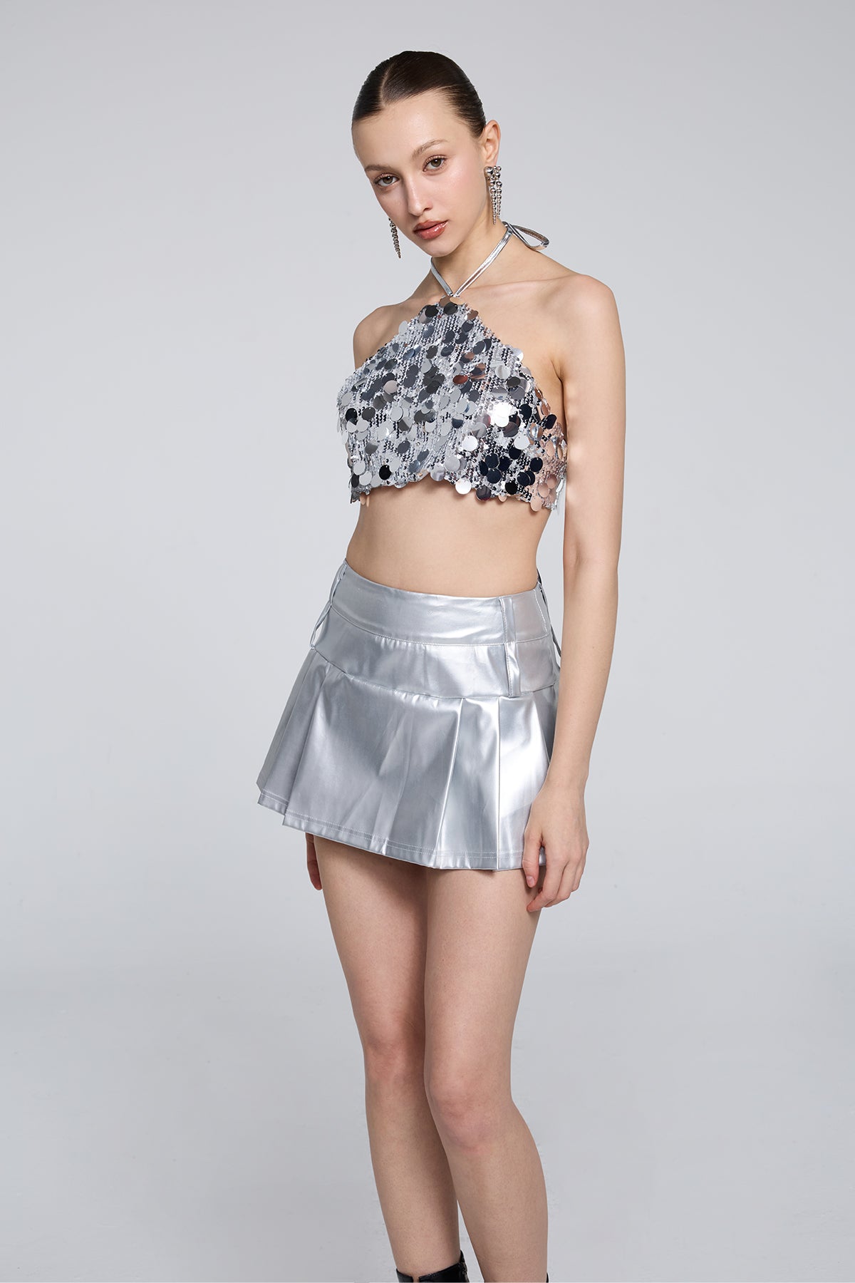 Facet Control Sequin Halter Neck Crop Top