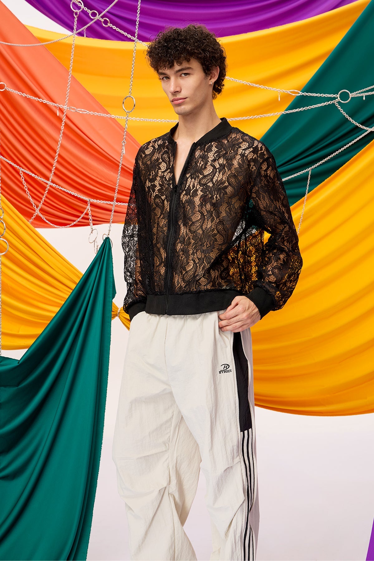 Fade Contour Lace Zipper Jacket Black